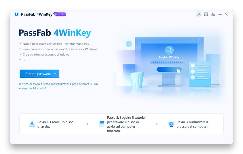 reimpostare la password dimenticata su Windows 10-4winkey interfaccia principale passfab 4winkey guida